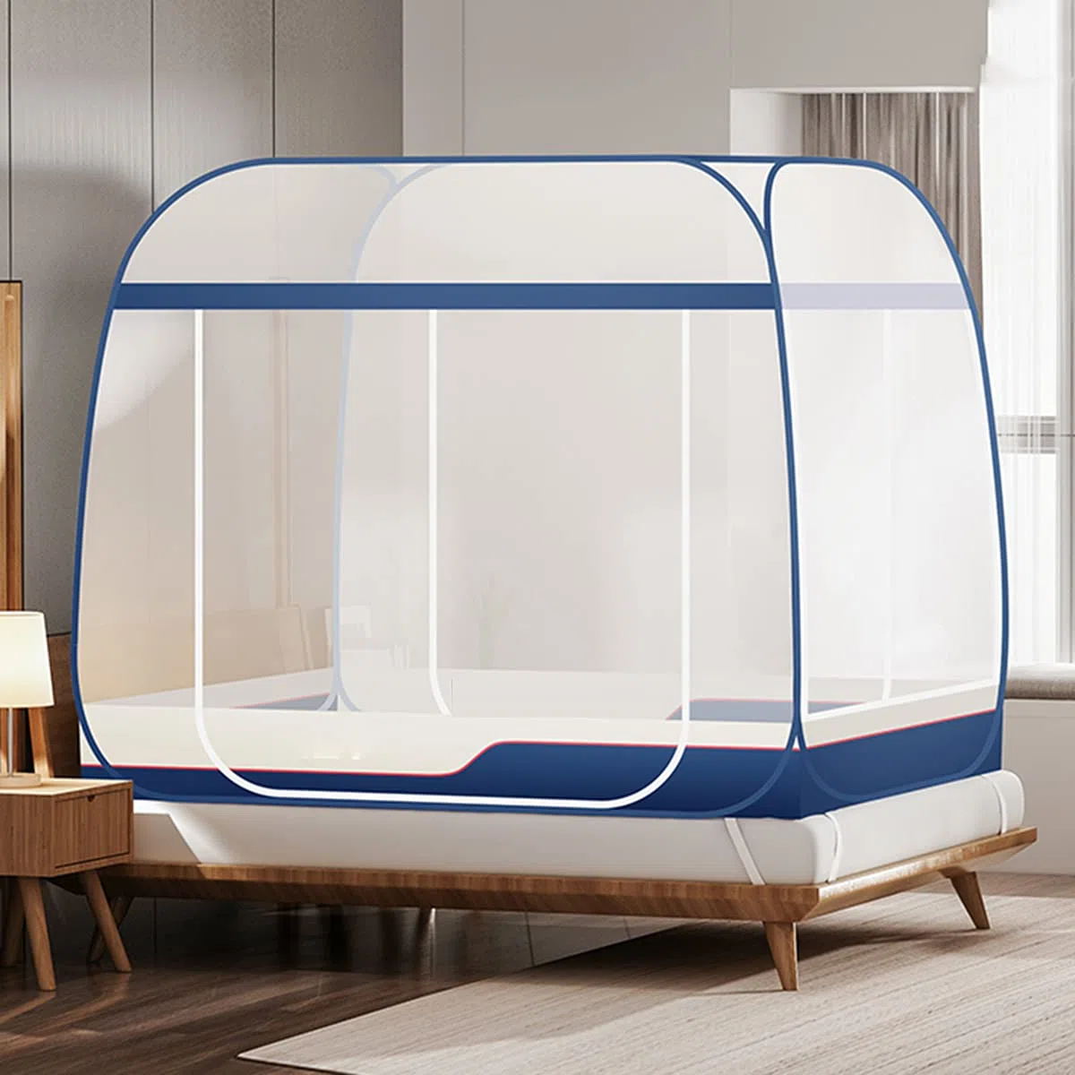 Moskitiera na łóżko, przenośny namiot pop-up, mongolska siatka podróżna, składane podwójne drzwi z dnem, na wycieczki na świeżym powietrzu dla dorosłych, nie wymaga instalacji, niebieska, 200