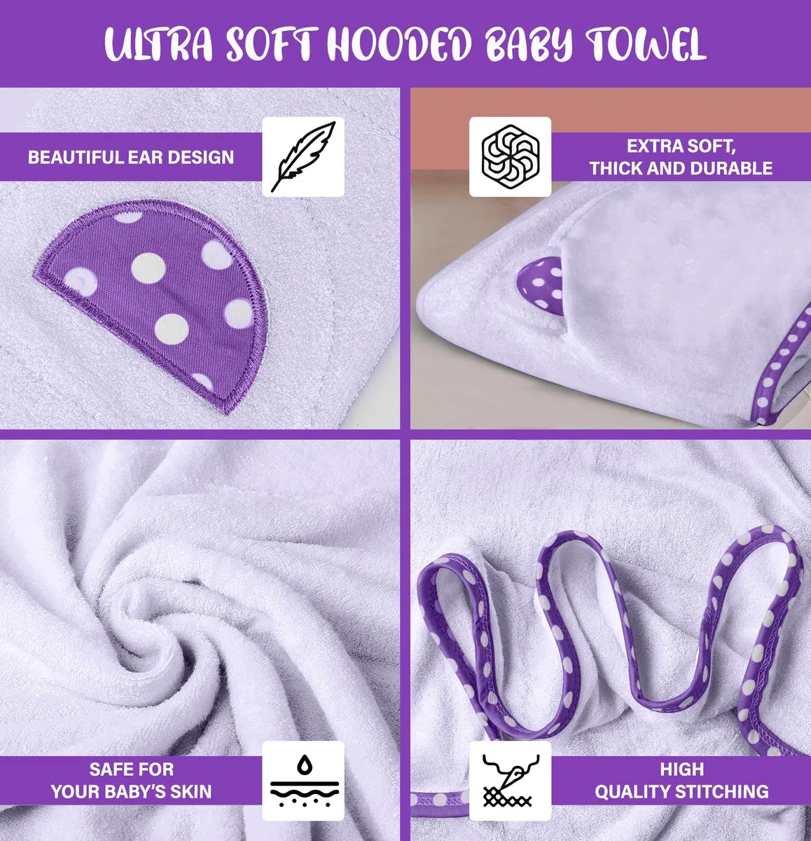 Set of 2 Bamboo Viscose Hooded Baby Towels – Purple and Pink – Luxurious, Large and Super Absorbent – 30 x 30 Inch – Soft and Suitable for Infants, Toddlers and Kids – 400 GSM