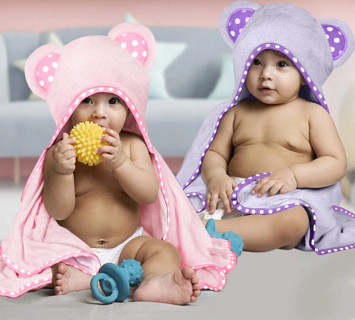 Set of 2 Bamboo Viscose Hooded Baby Towels – Purple and Pink – Luxurious, Large and Super Absorbent – 30 x 30 Inch – Soft and Suitable for Infants, Toddlers and Kids – 400 GSM