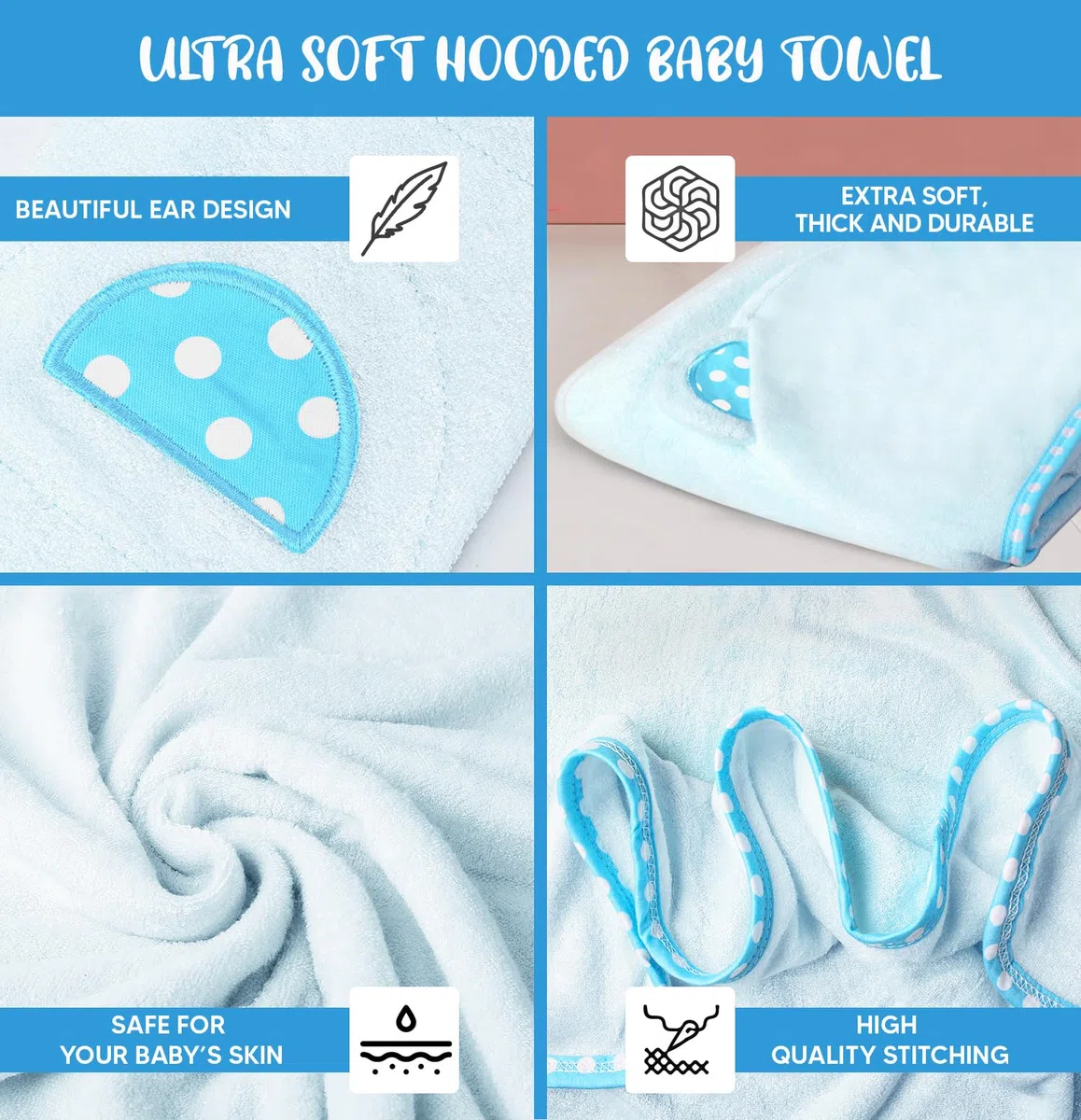 Set of 2 Hooded Baby Towels – Blue – Luxurious, Large and Super Absorbent – 30 x 30 Inch – Soft and Suitable for Infants, Toddlers and Kids – 400 GSM