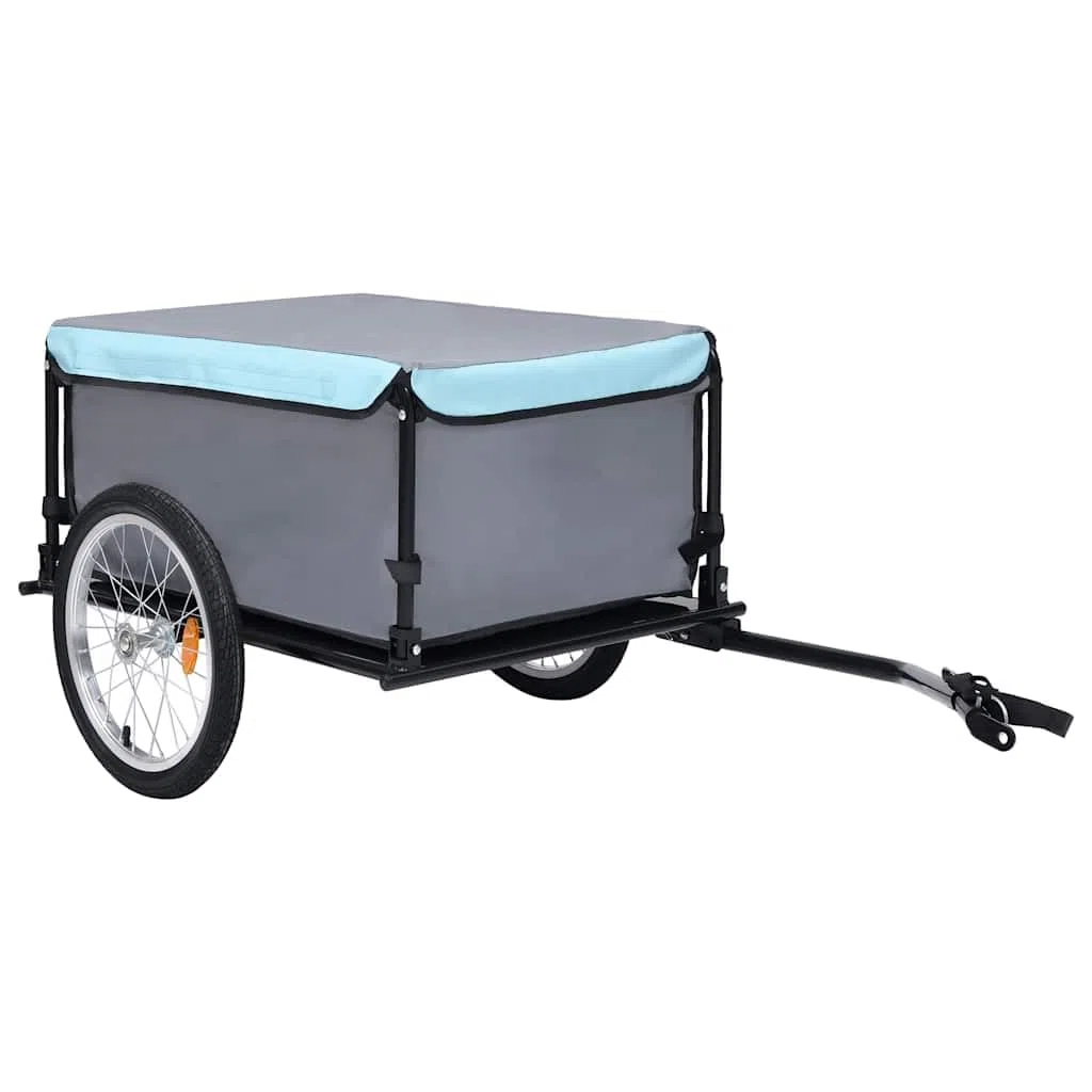 Przyczepa rowerowa, szara i niebieska, ze stalową ramą, udźwig 65 kg, składana, z elementami odblaskowymi i zdejmowaną przestrzenią ładunkową, do transportu, zakupów, aktywności na świeżym