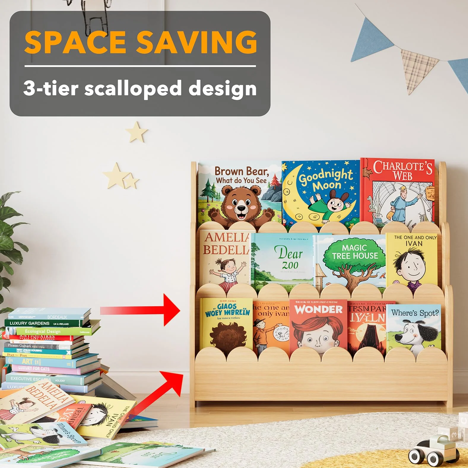 SpaceAid 3-poziomowy regał na książki, regał Montessori dla małych dzieci, drewniana półka na książki, organizer, meble do pokoju dziecięcego, pokoju zabaw, przedszkola i klasy, naturalny