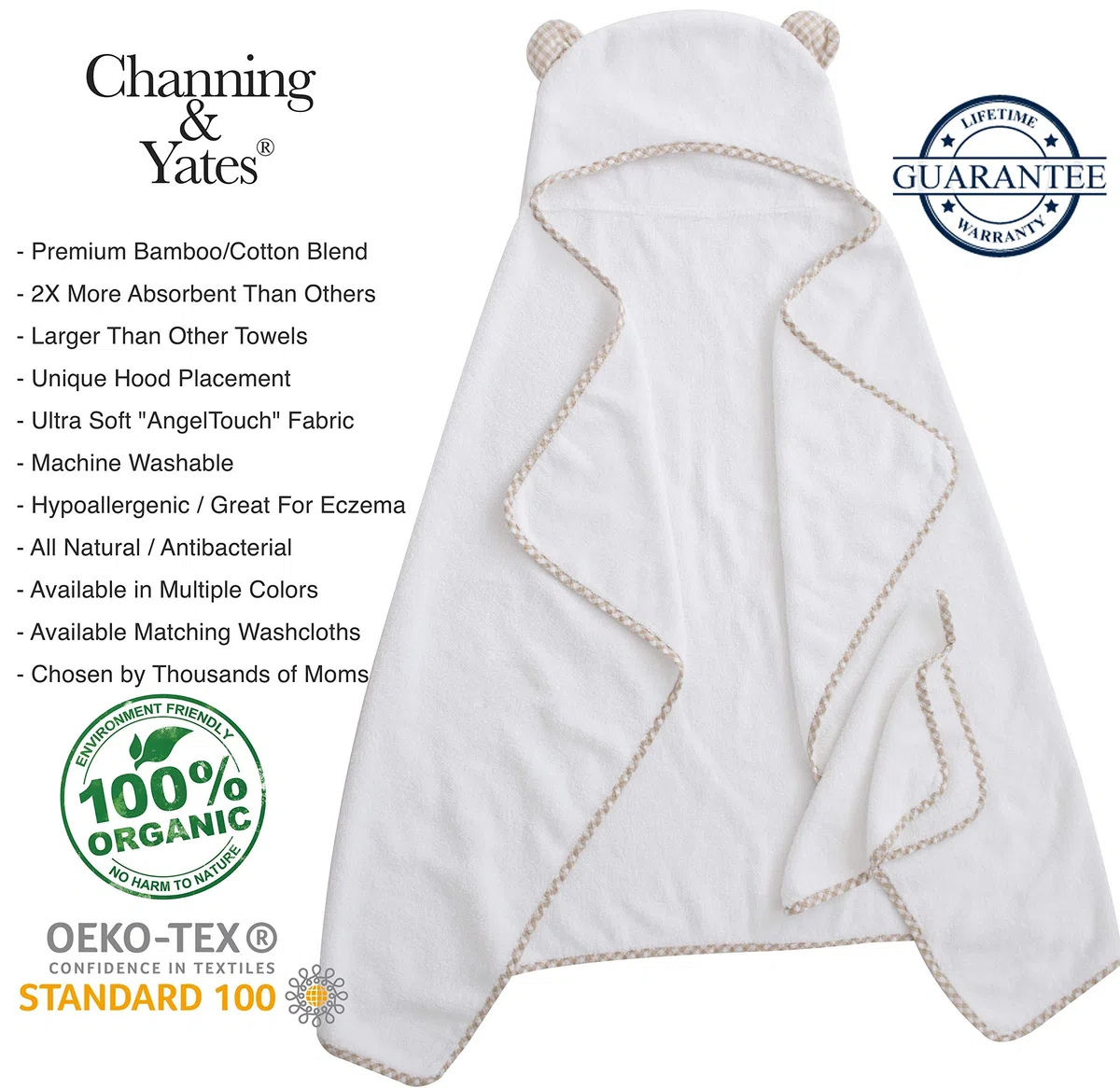 Channing & Yates Ręcznik dziecięcy z kapturem i ściereczką zestaw upominkowy - organiczne ręczniki i ścierki dla niemowląt - bambusowe ręczniki z kapturem dla niemowląt (beżowy/biały)