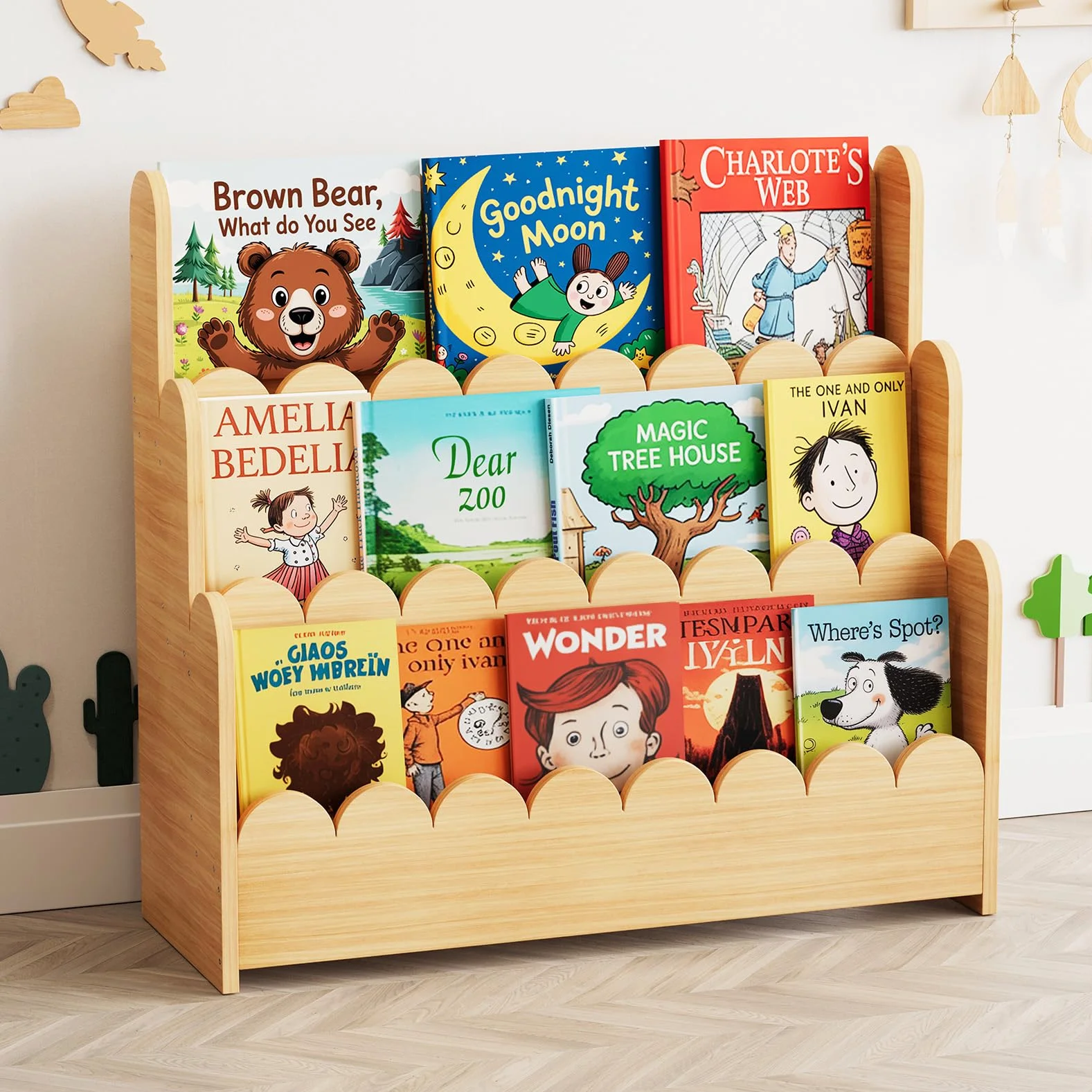 SpaceAid 3-poziomowy regał na książki, regał Montessori dla małych dzieci, drewniana półka na książki, organizer, meble do pokoju dziecięcego, pokoju zabaw, przedszkola i klasy, naturalny